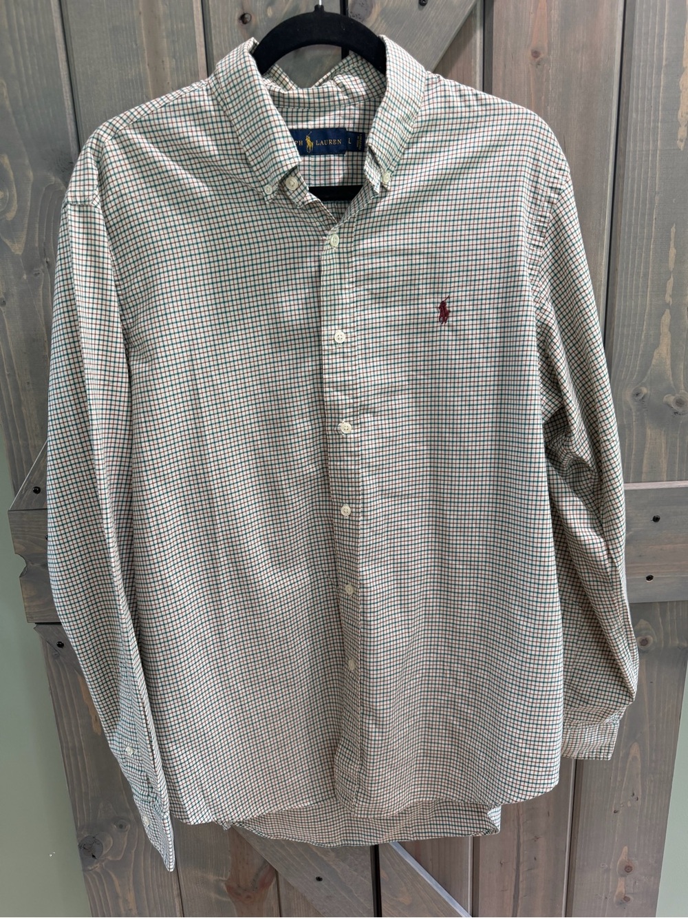 Ralph Lauren Men’s L 100% Cotton Button Down Shirt White Teal Brown Check